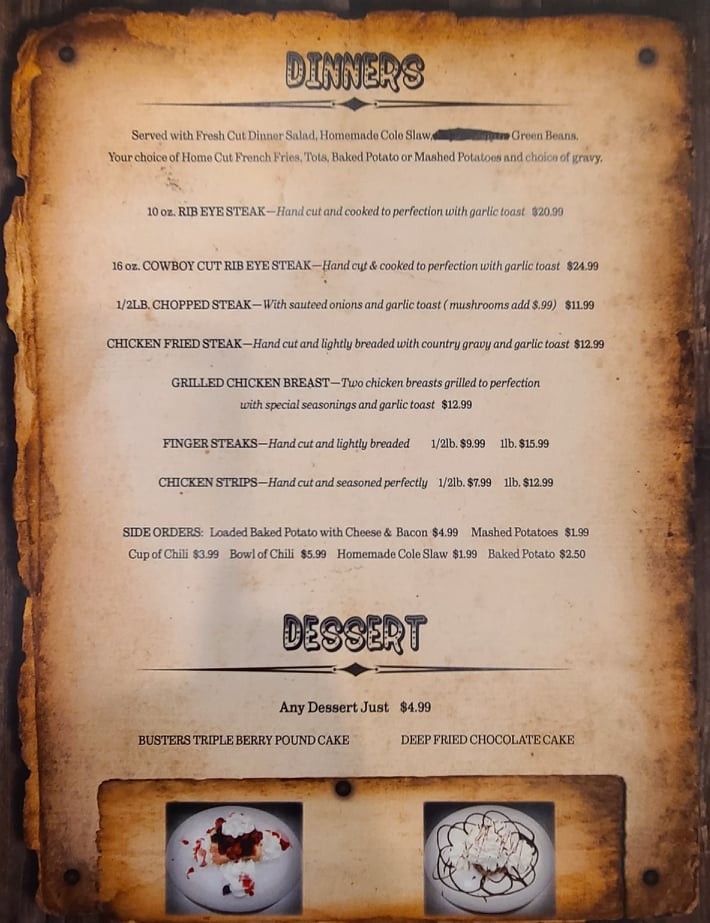 The Buster's dinner menu