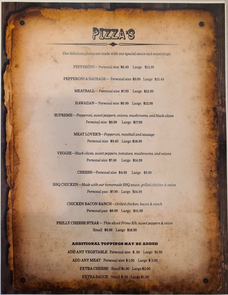 The Buster's pizza menu