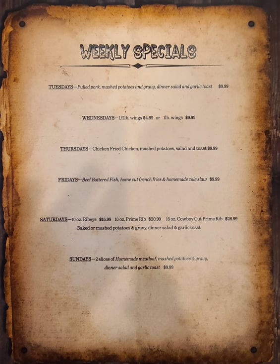 The Buster's specials menu